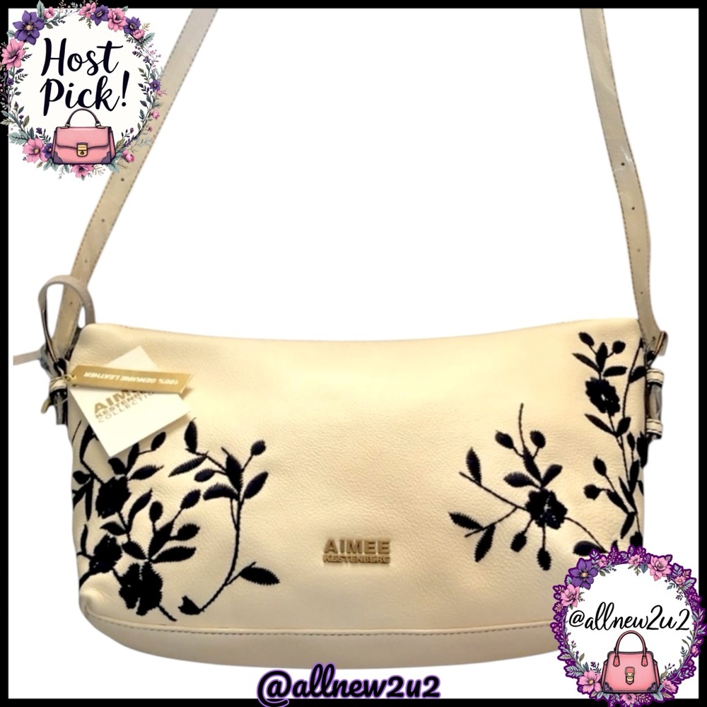 Aimee Kestenberg Large Pebble Leather Cream Black Floral Embroid Bag